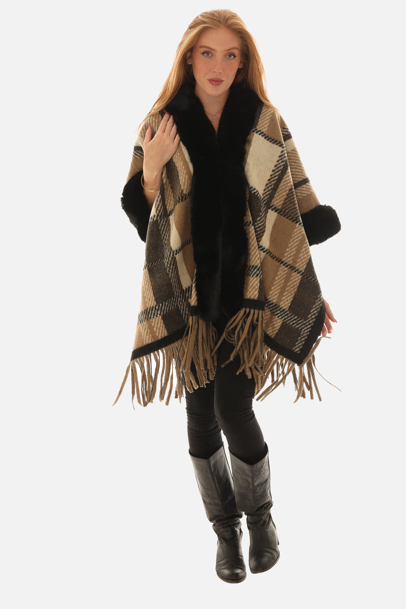 Fur-Trimmed Plaid Poncho for Women