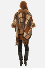 Fur-Trimmed Plaid Poncho for Women