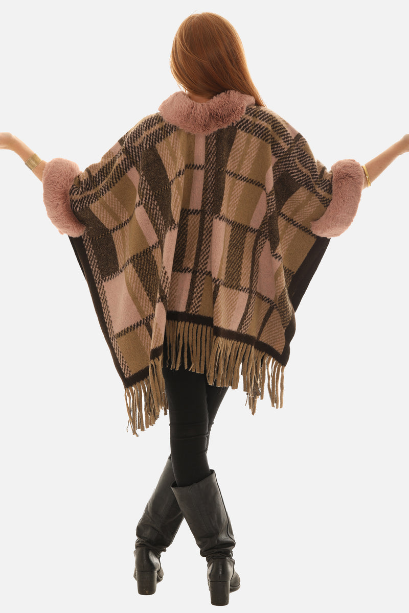 Fur-Trimmed Plaid Poncho for Women