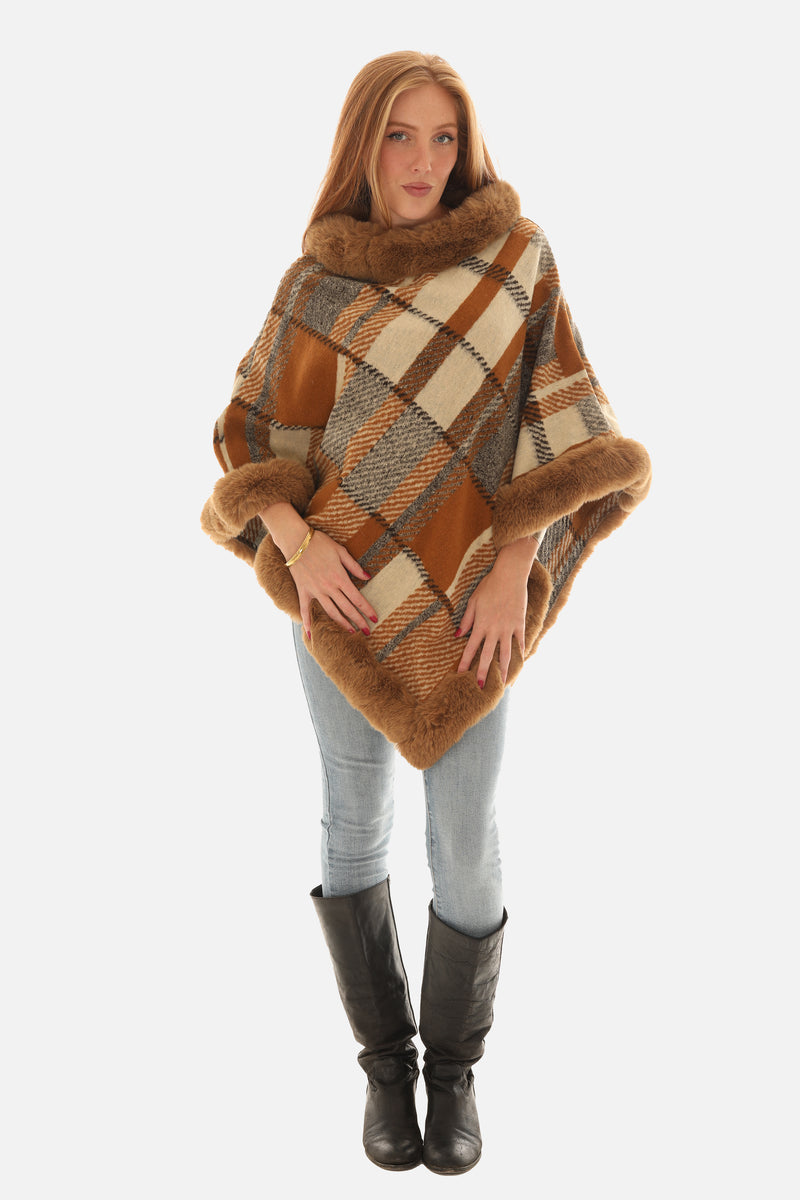 Fur-Trimmed Plaid Poncho
