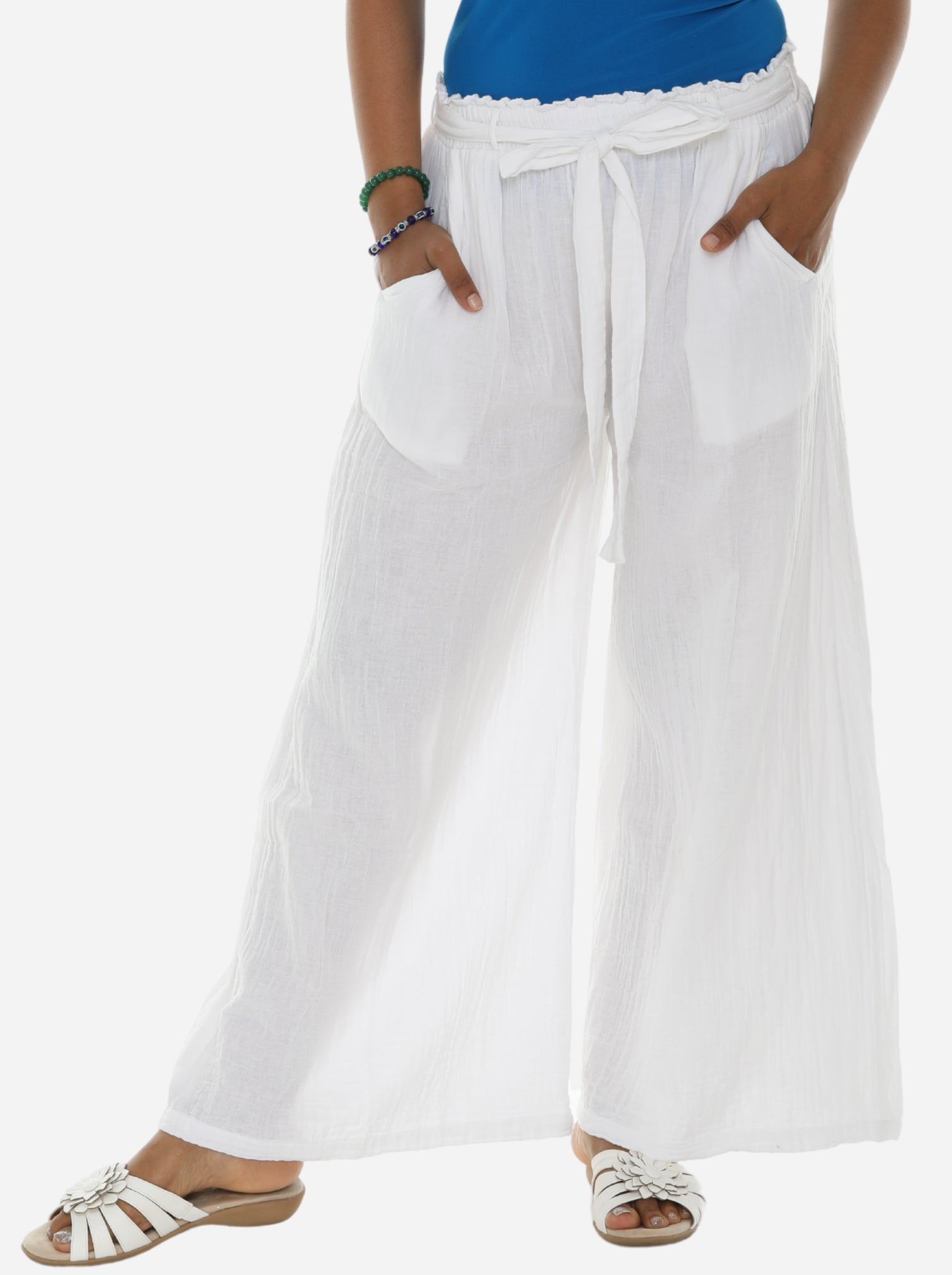 Linen-blend Pants with Belt - White - Ladies | H&M US