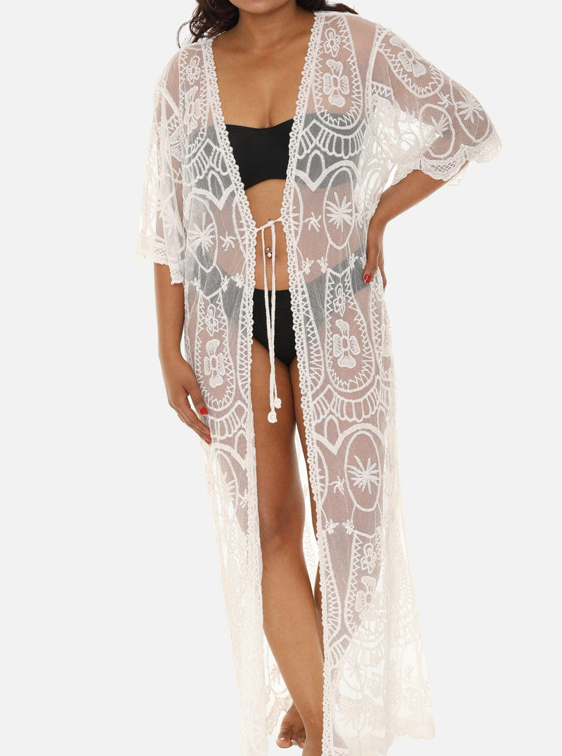 Long Mesh Coverup with Abstract Palm Tree Pattern