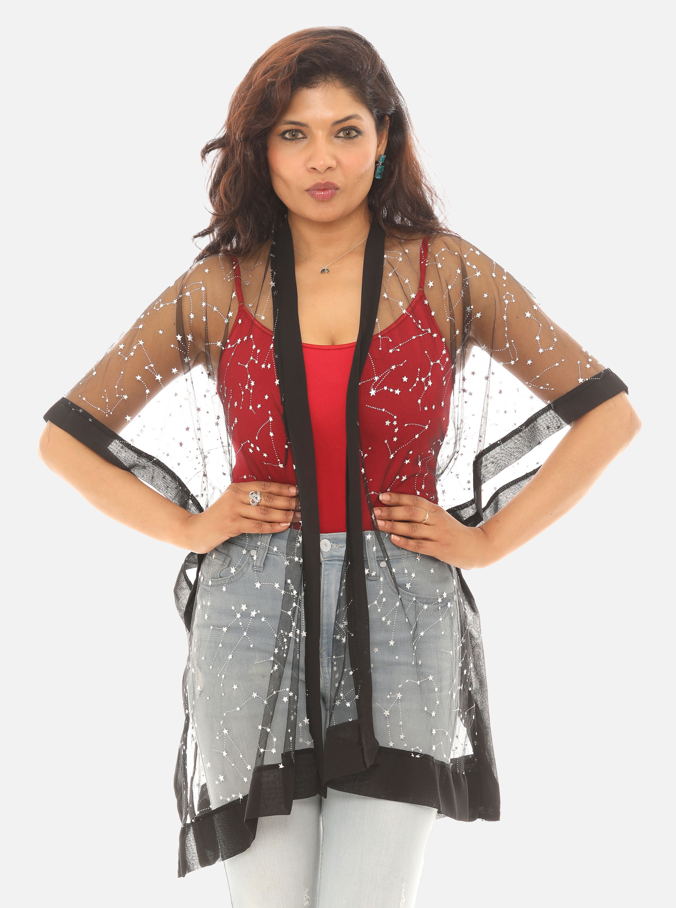 Women Mesh Silver Foil Star Print Open Cardigan - Shoreline