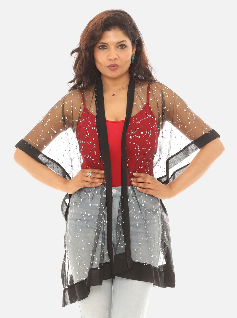 Women Mesh Silver Foil Star Print Open Cardigan