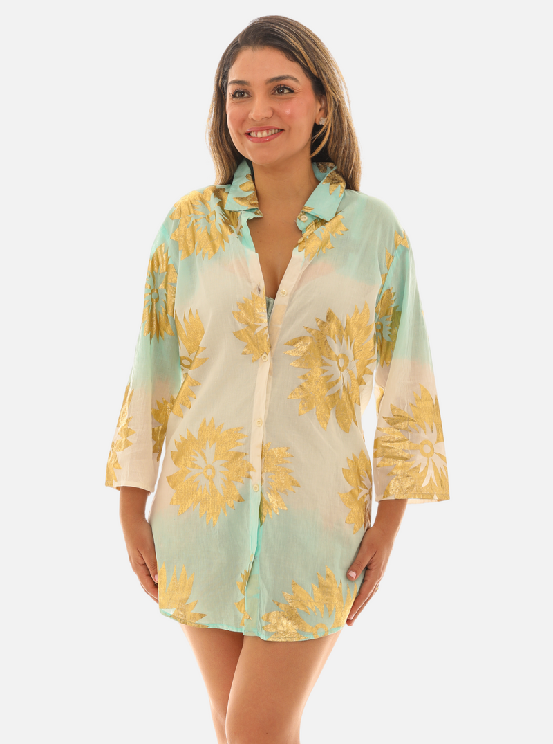 Women's Tie-Dye Button-Down Shirt Dress – Gold Print, Lightweight & Stylish Women's Tie-Dye Button-Down Shirt Dress – Gold Print, Lightweight & Stylish