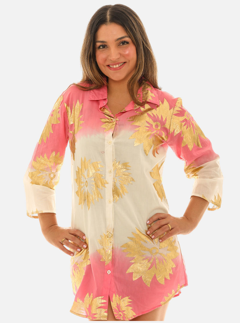 Women's Tie-Dye Button-Down Shirt Dress Gold Print, Lightweight & Stylish - Pink / XL Women's Tie-Dye Button-Down Shirt Dress Gold Print, Lightweight & Stylish - Pink / XL