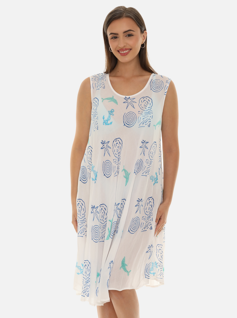 Women Rayon Midi Anchor And Dolphin Print Dress White / One size Women Rayon Midi Anchor And Dolphin Print Dress White / One size