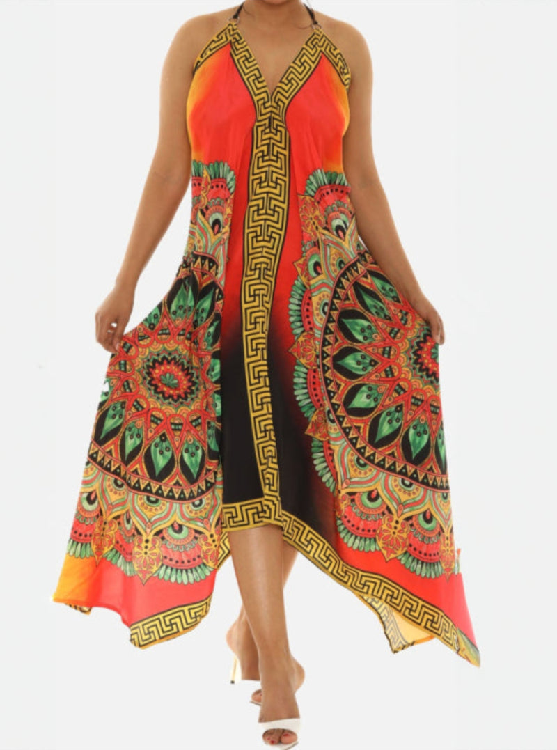 Women's Long Digital Printed Dress in Stunning Orange