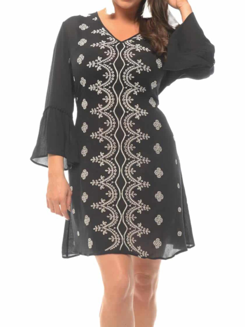 Embroidered Bell-Sleeve Shift Dress - Shoreline Wear, Inc. Embroidered Bell-Sleeve Shift Dress - Shoreline Wear, Inc.