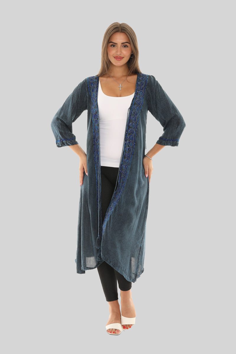 Sequin-Accent Embroidered Three-Quarter Sleeve Duster - Shoreline Wear, Inc.