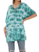 Tie Dye Caftan Style V-neck Embroidery Dress - Shoreline Wear, Inc.