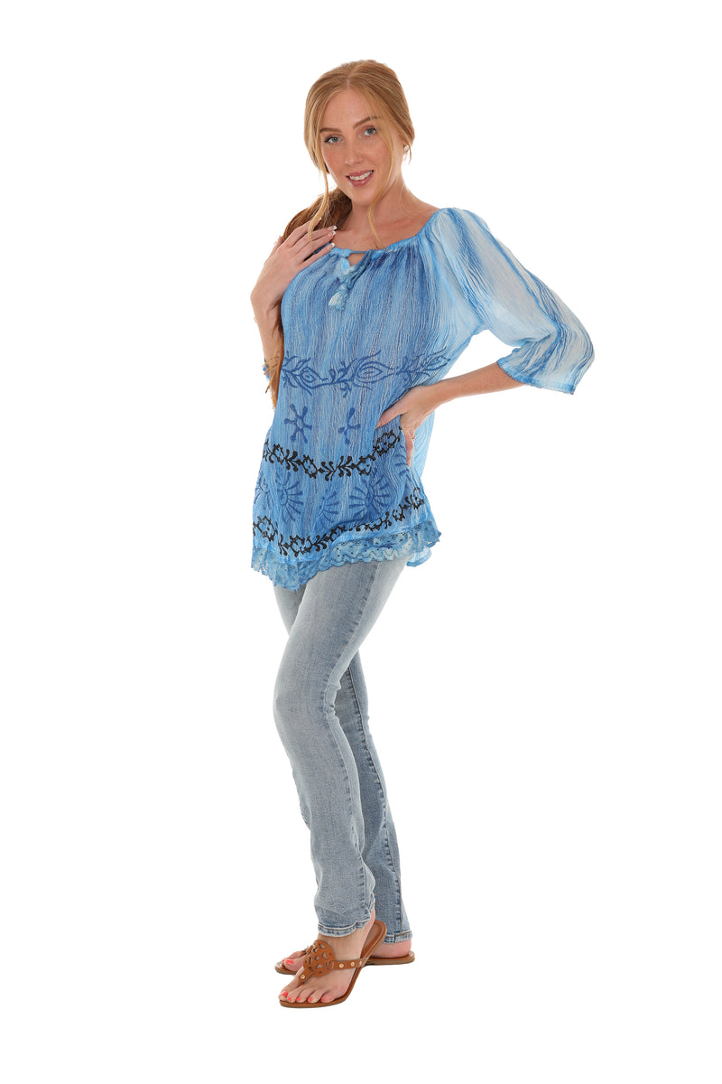 Sugar Rock Women's Tie Dye Lace Tunic Shirt With Crystal Cross - Long Sleeve (XS To 3XL)