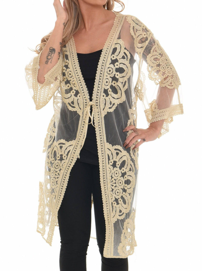 Floral Embroidered Lace Front Open Cover-up - Shoreline Wear, Inc.