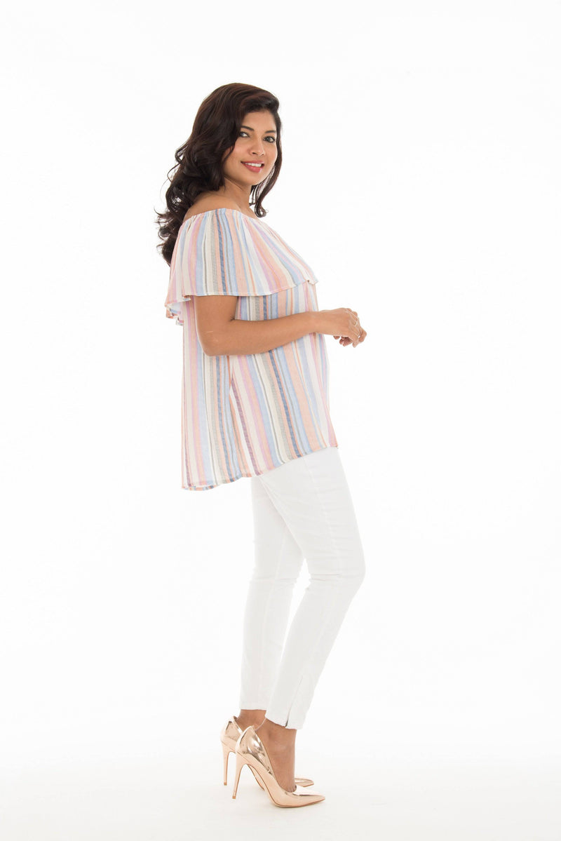 Pink Stripe Ruffled Off-Shoulder Top - Shoreline Wear, Inc.