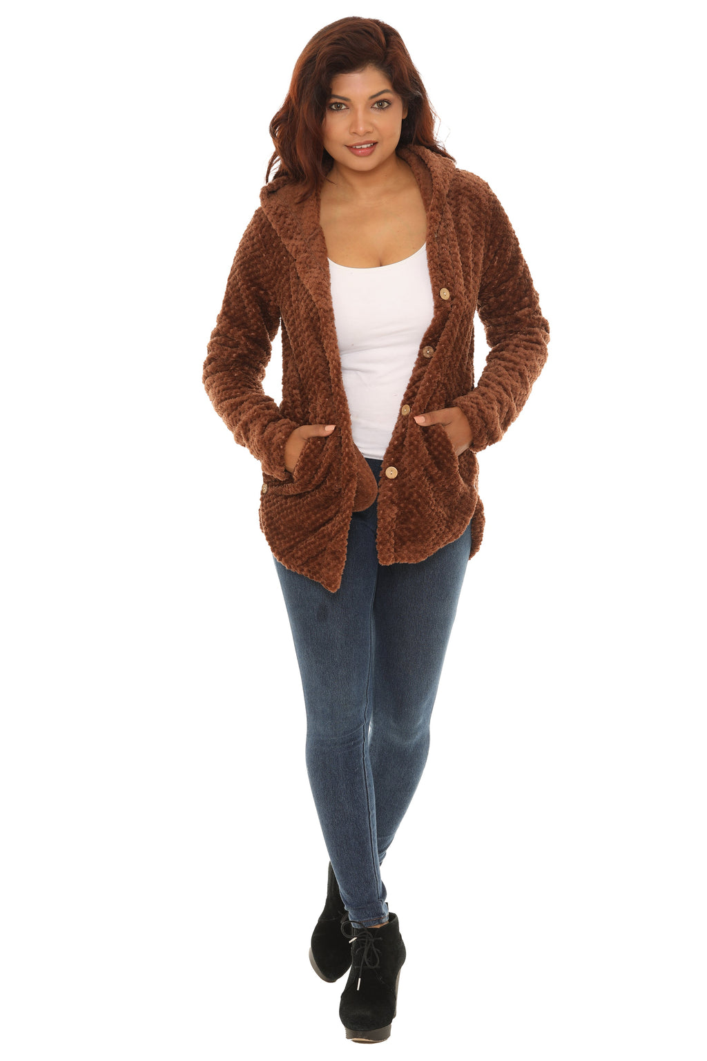 Textured Plush Button-Up Hoodie with Pocket - Shoreline Wear, Inc.