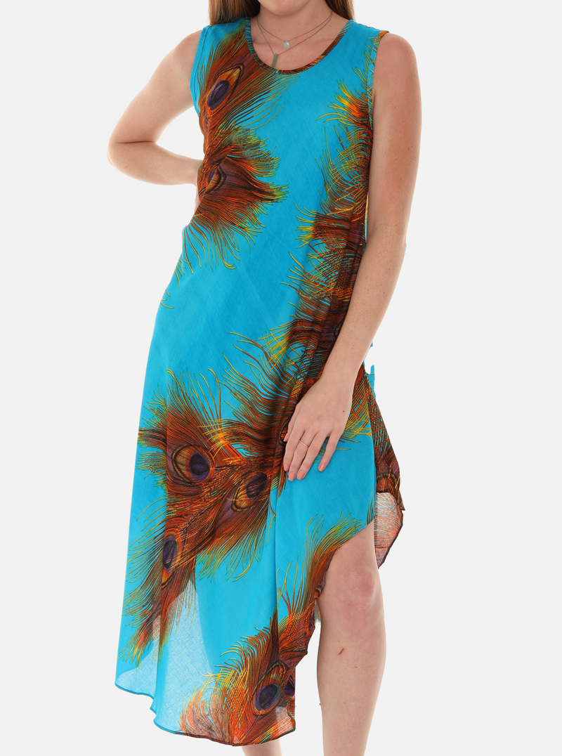 Peacock Feather Print Midi Dress With Crew Neck 3X / TURQ Peacock Feather Print Midi Dress With Crew Neck 3X / TURQ
