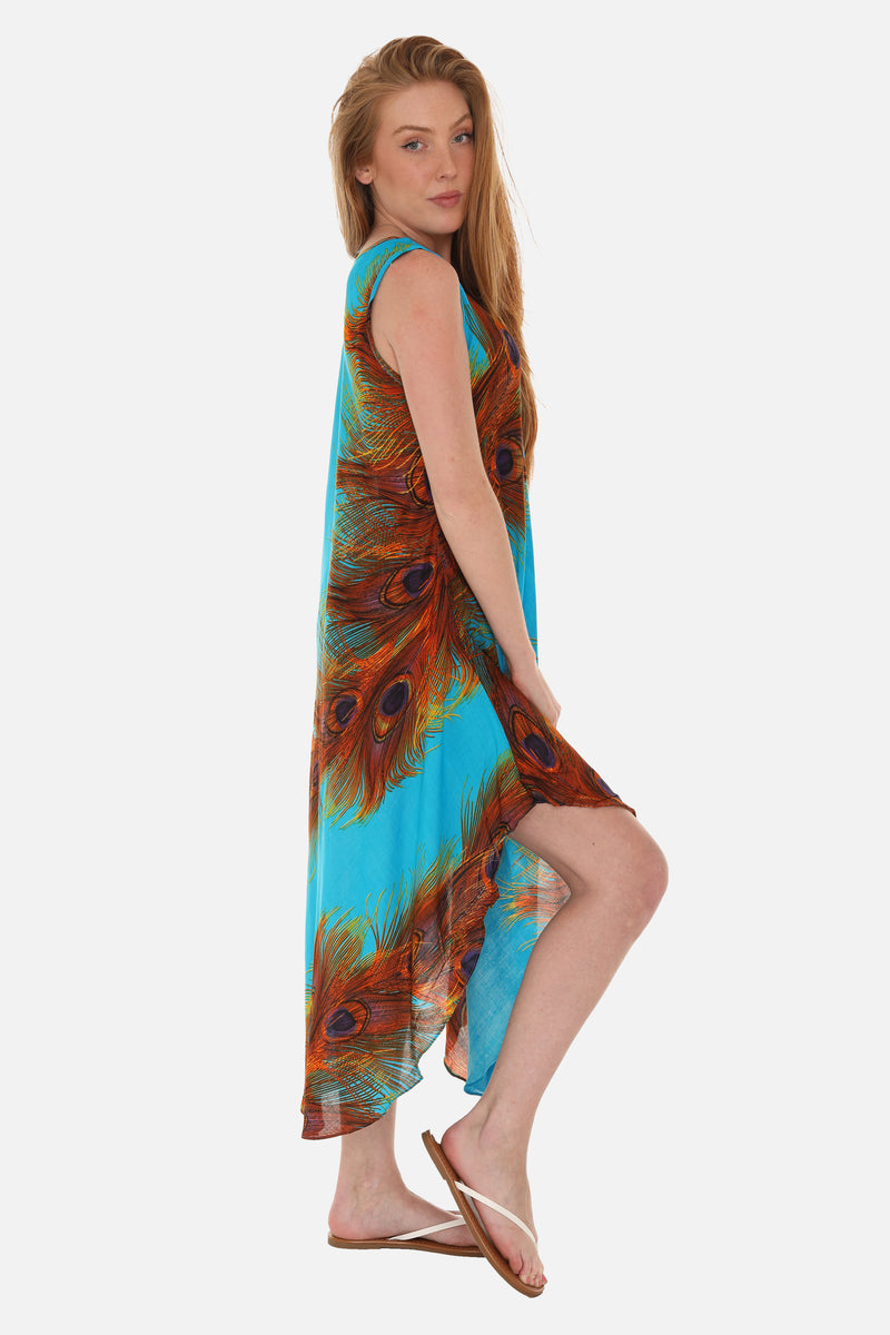 Peacock Feather Print Midi Dress With Crew Neck 2X / PURPLE