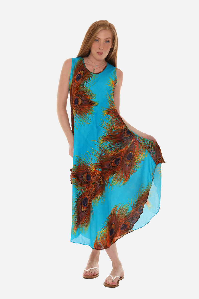 Peacock Feather Print Midi Dress With Crew Neck - Shoreline Wear, Inc. Peacock Feather Print Midi Dress With Crew Neck - Shoreline Wear, Inc.