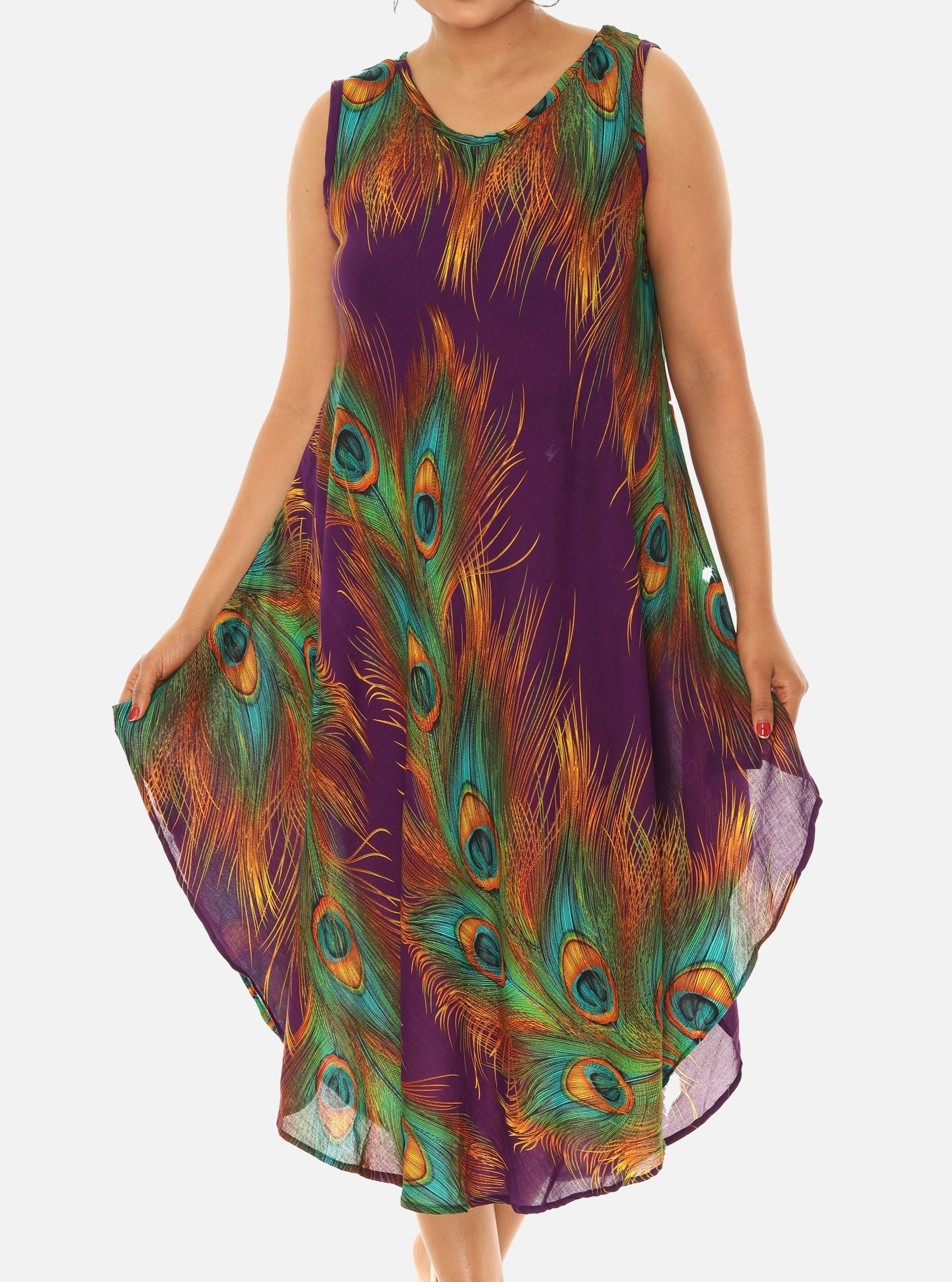 Peacock Feather Print Midi Dress with Crew Neck 2X / Turq Peacock Feather Print Midi Dress with Crew Neck 2X / Turq