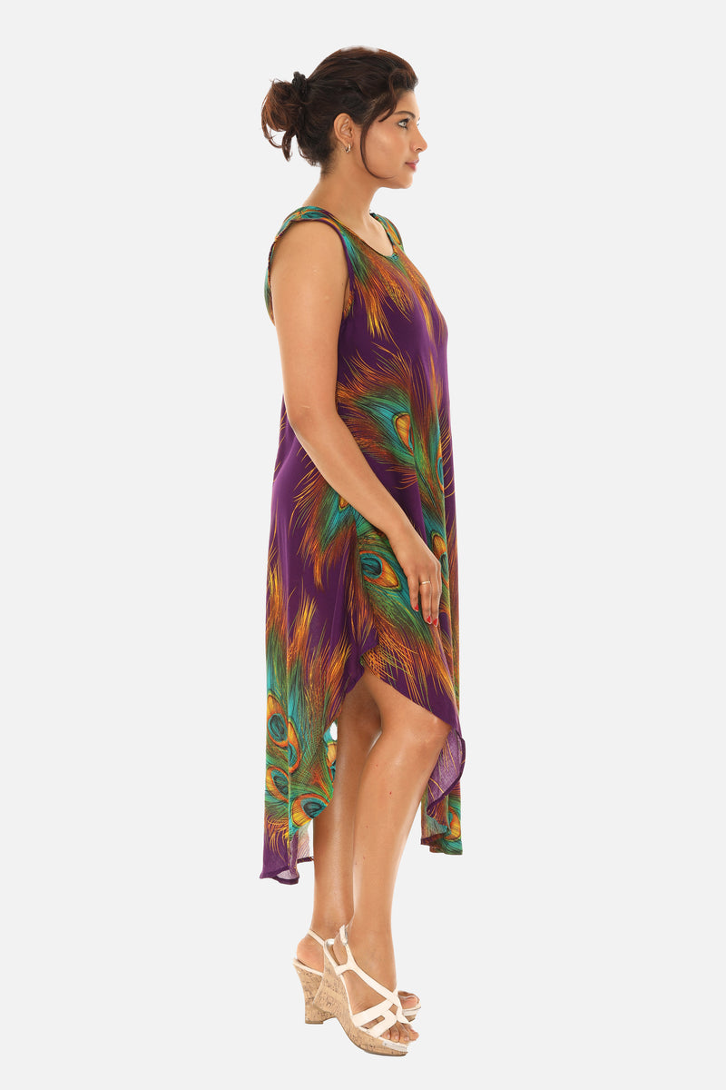 Peacock Feather Print Midi Dress With Crew Neck - Shoreline Wear, Inc. Peacock Feather Print Midi Dress With Crew Neck - Shoreline Wear, Inc.