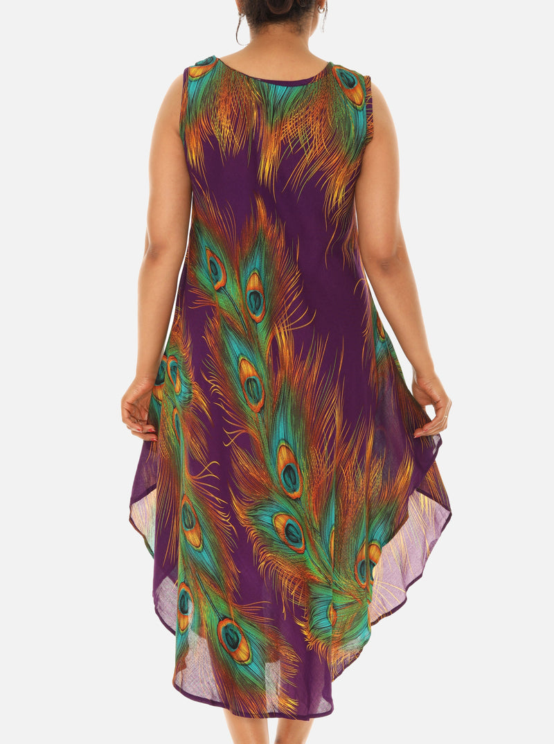 Cotton Sleeveless Dress with Eye-Catching Peacock Print - Shoreline Wear, Inc. Cotton Sleeveless Dress with Eye-Catching Peacock Print - Shoreline Wear, Inc.