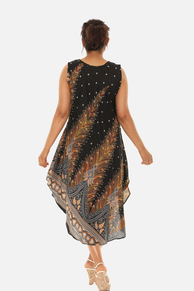 Peacock Feather Print Dress With Crew neck 2X / White Peacock Feather Print Dress With Crew neck 2X / White