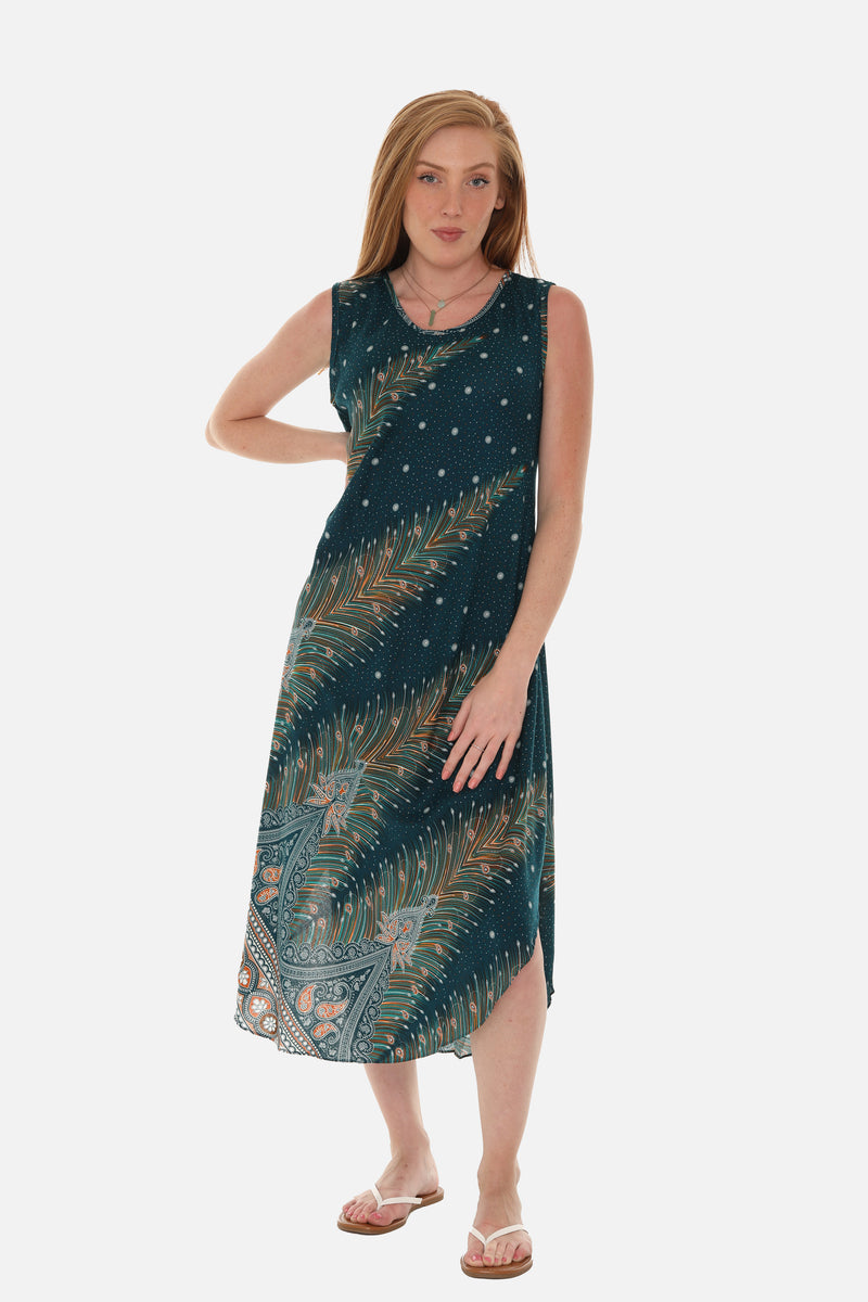 Peacock Feather Print Dress With Crew neck ONE SIZE / Black Peacock Feather Print Dress With Crew neck ONE SIZE / Black
