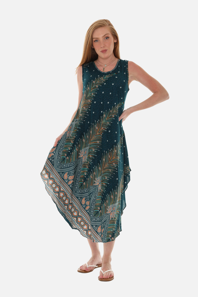 Peacock Feather Print Dress With Crew neck