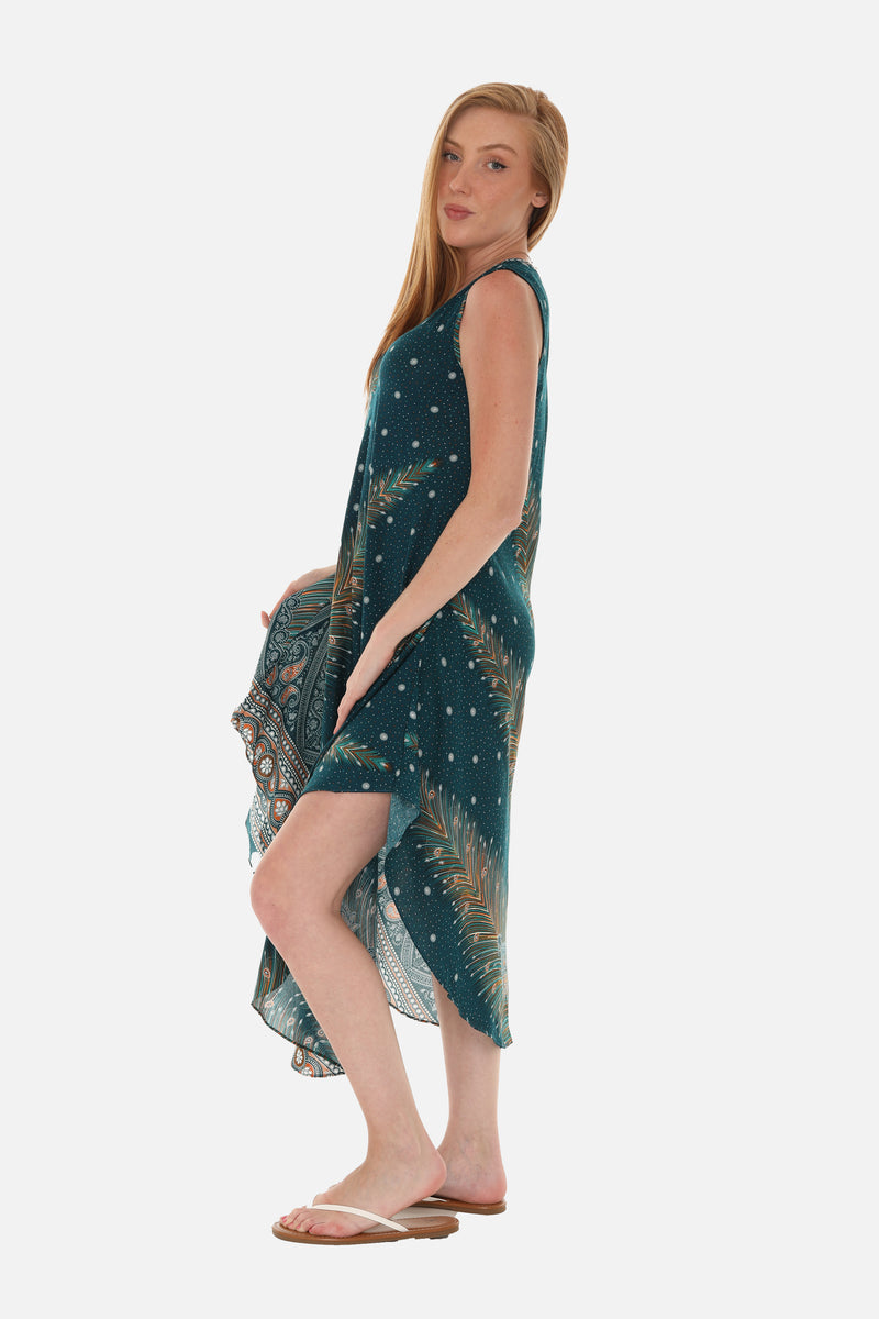Peacock Feather Print Dress With Crew neck - Shoreline Wear, Inc. Peacock Feather Print Dress With Crew neck - Shoreline Wear, Inc.