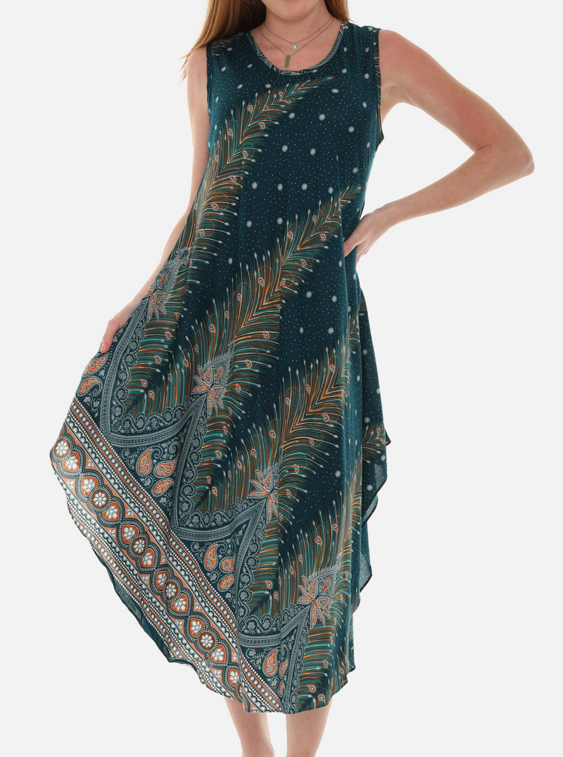 Peacock Feather Print Dress With Crew neck 2X / White Peacock Feather Print Dress With Crew neck 2X / White