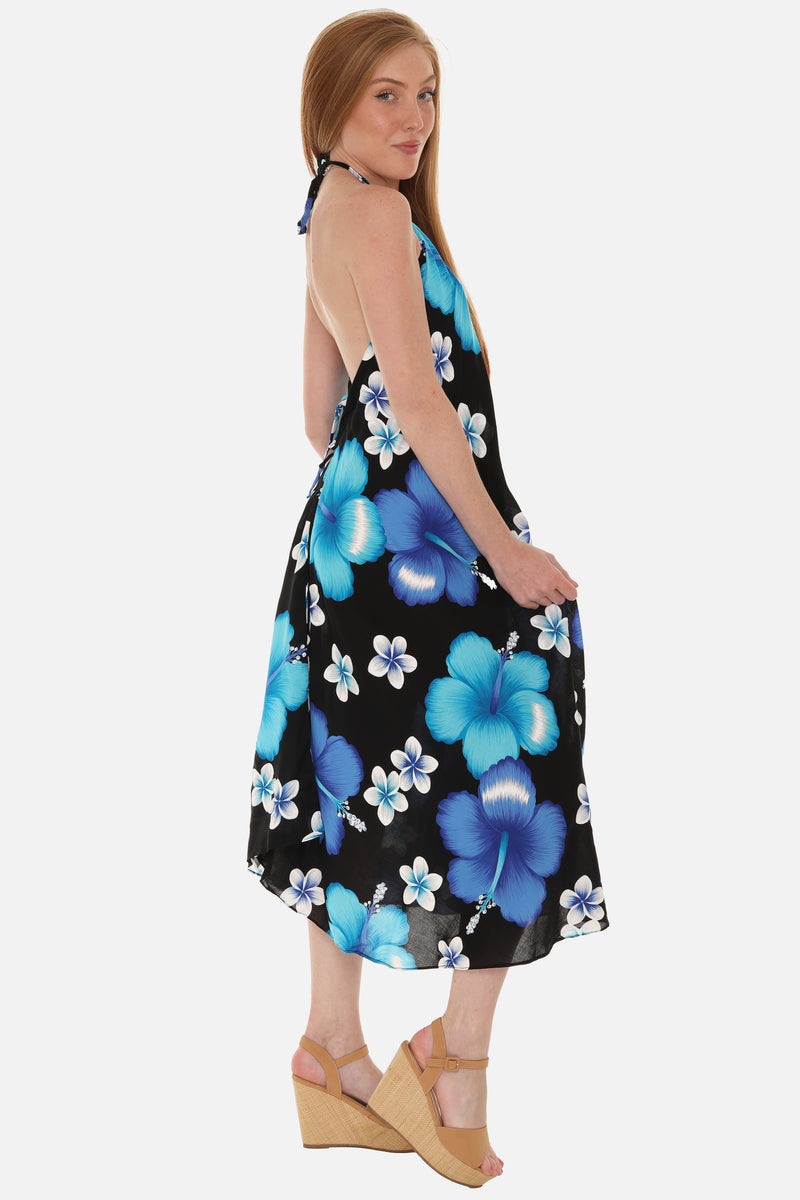 Large Floral Island Print Challis Halter Midi Dress For Women