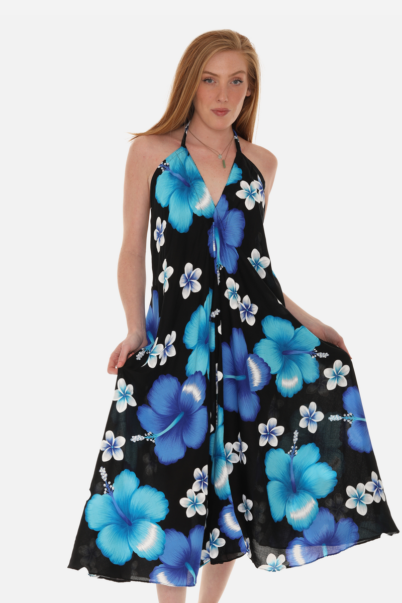 Large Floral Island Print Challis Halter Midi Dress For Women