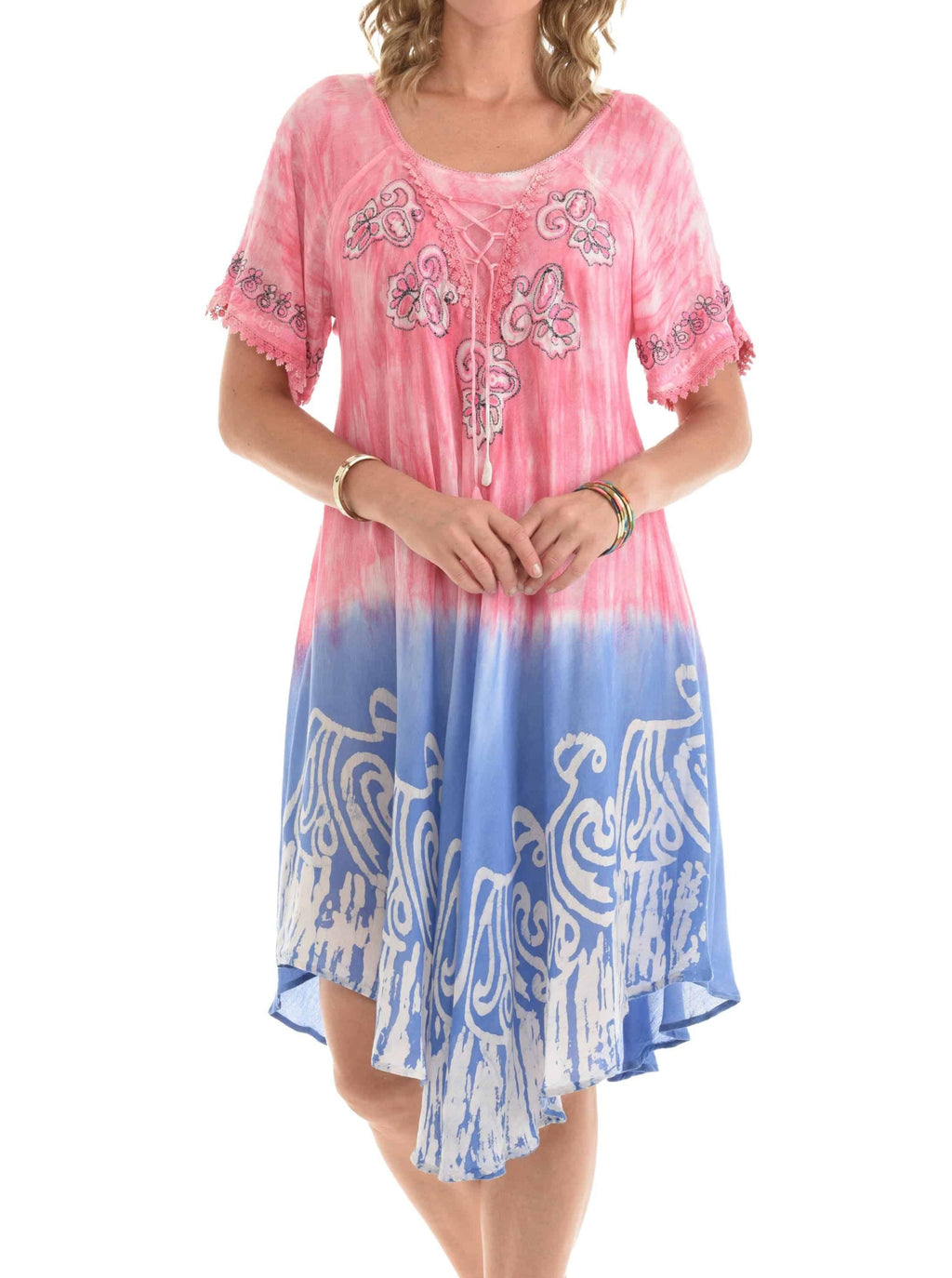 Casual Lace Short Sleeve Tie Dye Corset loose Midi Length Dress - Shoreline Wear, Inc.