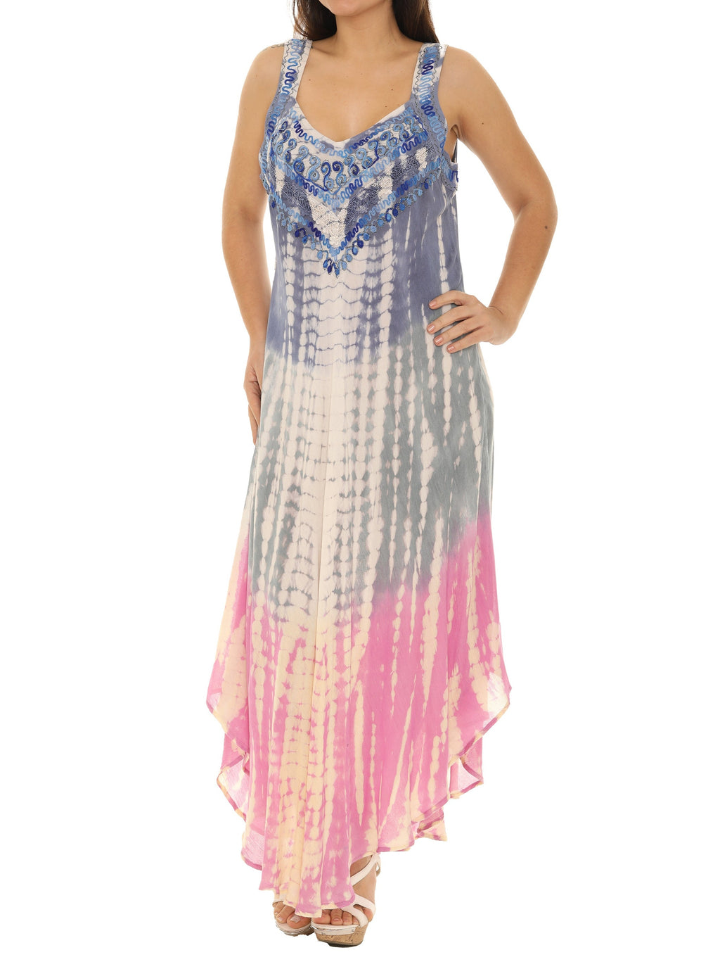 Tri-Colors Tie Dye Sleeveless Long Sundress - Shoreline Wear, Inc.