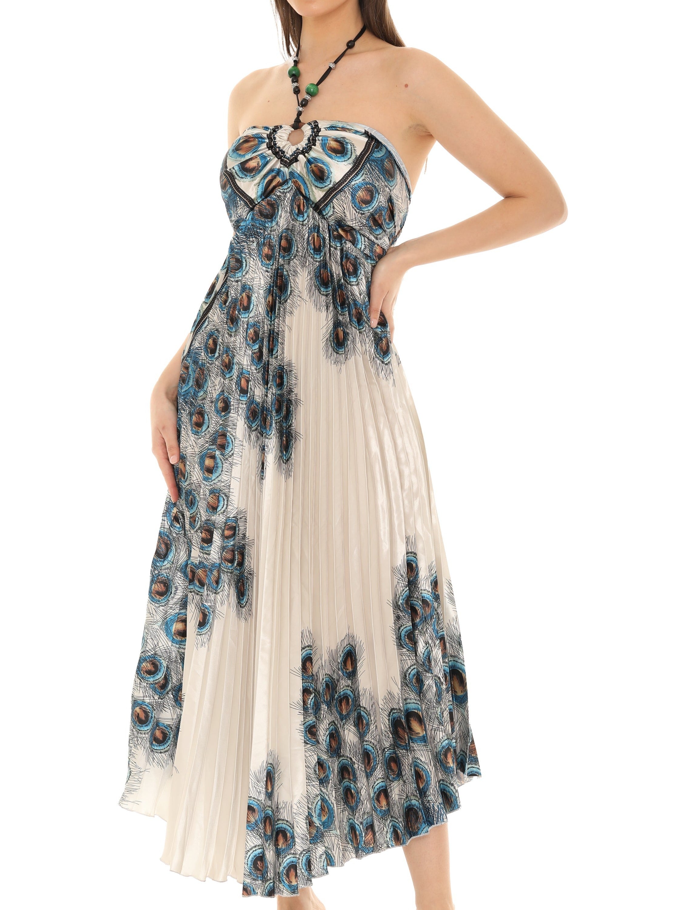 Peacock Pleated Maxi Halter Dress - White Peacock Pleated Maxi Halter Dress - White