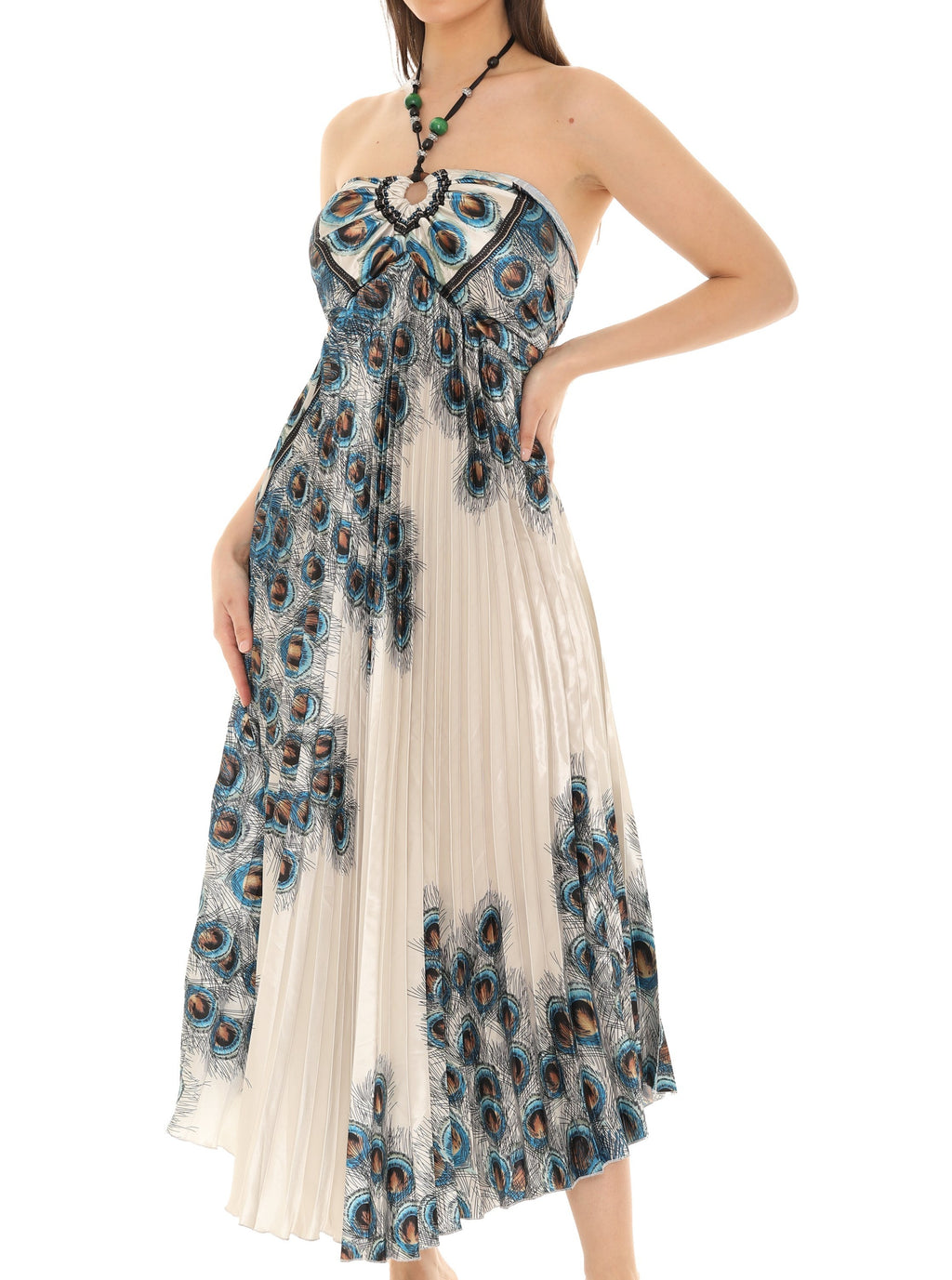 Peacock Pleated Maxi Halter Dress - Shoreline Wear, Inc.