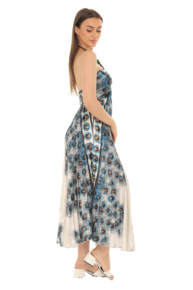 Peacock Pleated Maxi Halter Dress