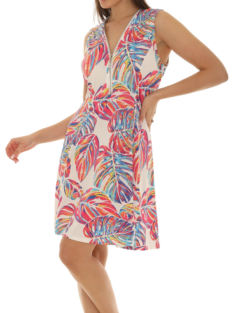 Palm Leaf Print Sleeveless Zipper Neckline Dress - Shoreline Wear, Inc.