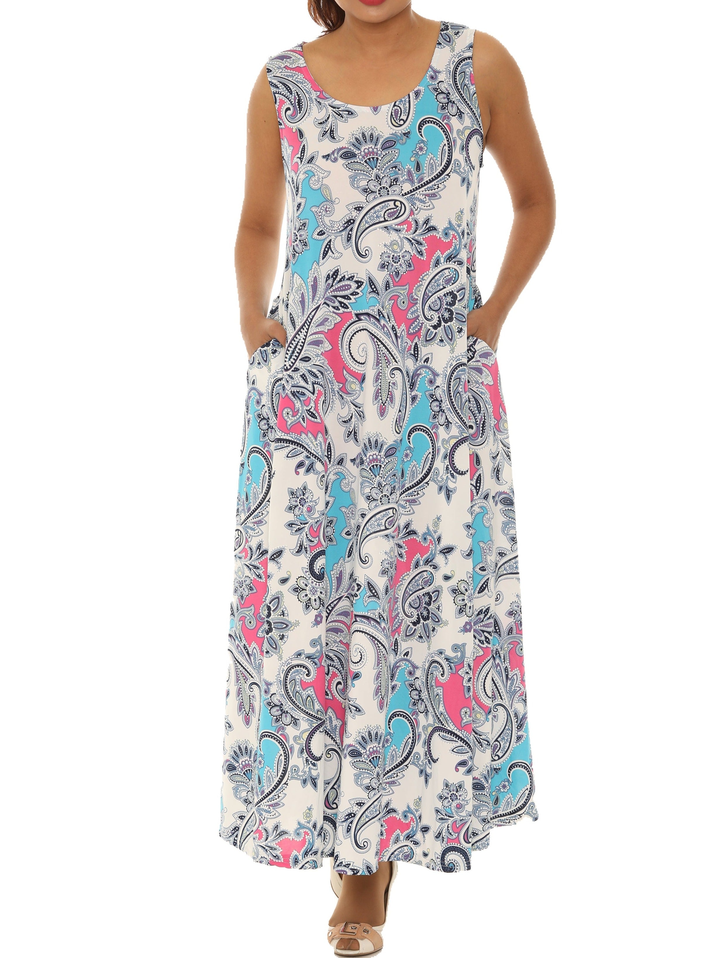 Paisley Floral Puff Print Sleeveless Maxi Dress M / Blue