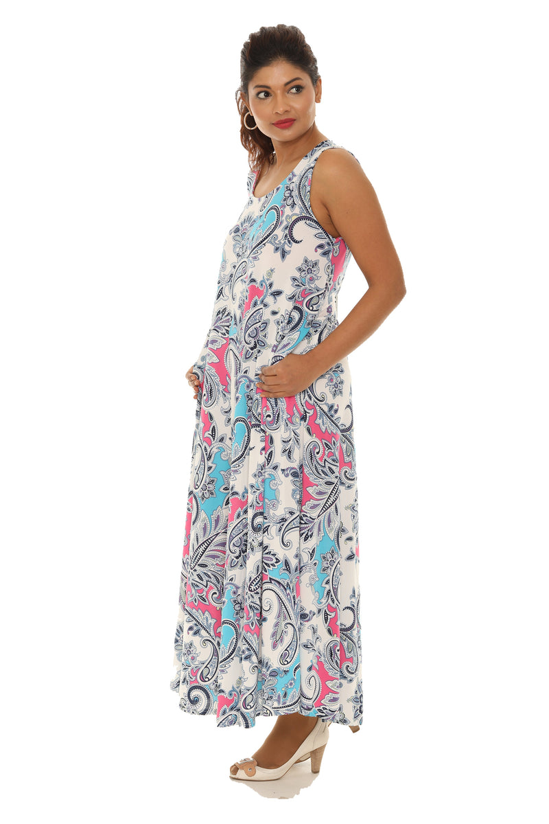 Paisley Floral Puff Print Sleeveless Maxi Dress M / Blue Paisley Floral Puff Print Sleeveless Maxi Dress M / Blue