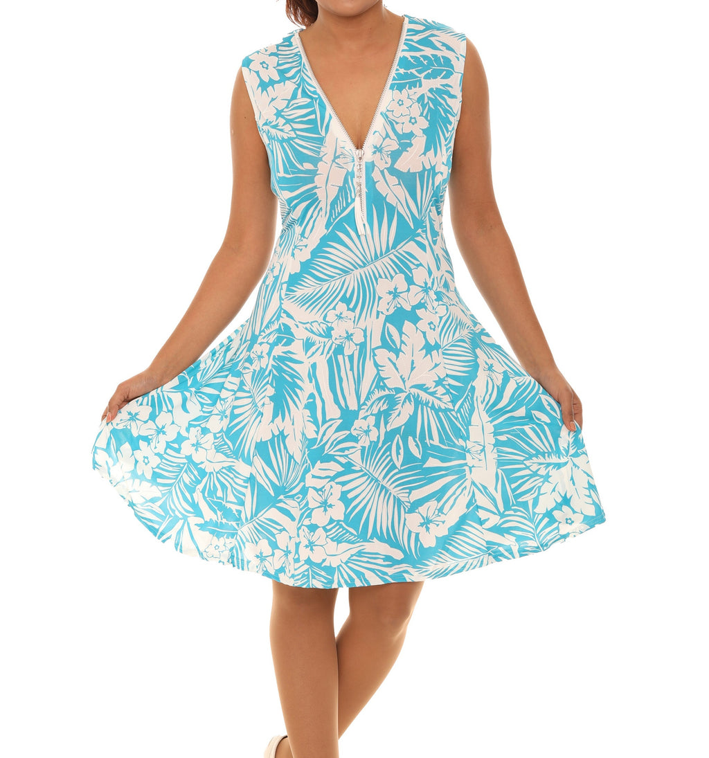 Tropical Floral Sleeveless A-Line zipper Dress - Shoreline Wear, Inc.