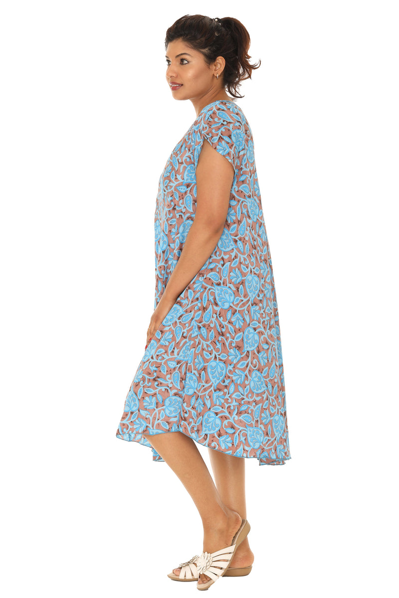 Short Sleeve Printed Umbrella Dress with Bold Leaf Pattern