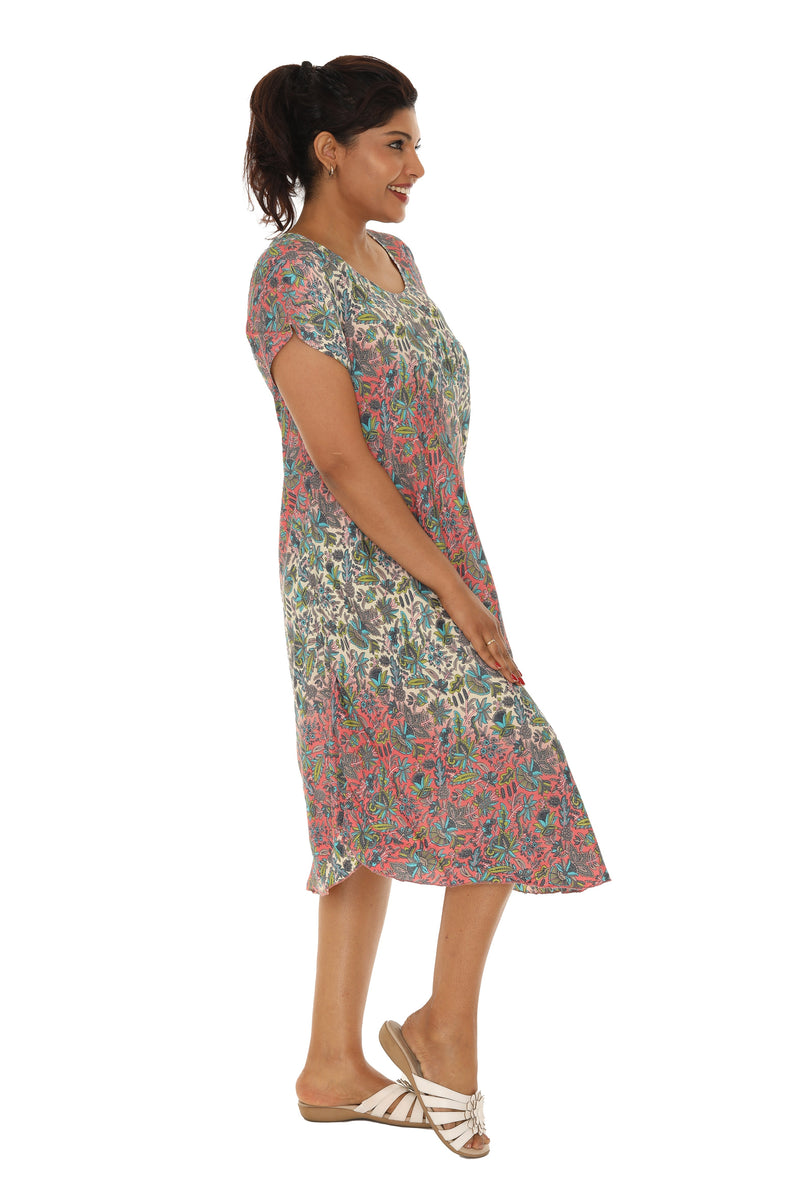 Short Sleeve Printed Umbrella Dress with Floral Color Shift Pattern