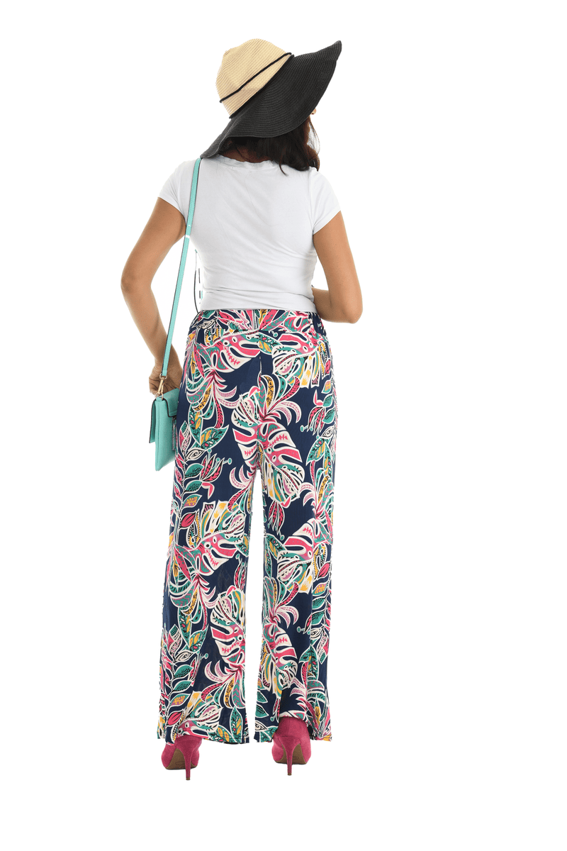 Blue Palm Tree Print Wide Leg Pant Shoreline Wear,