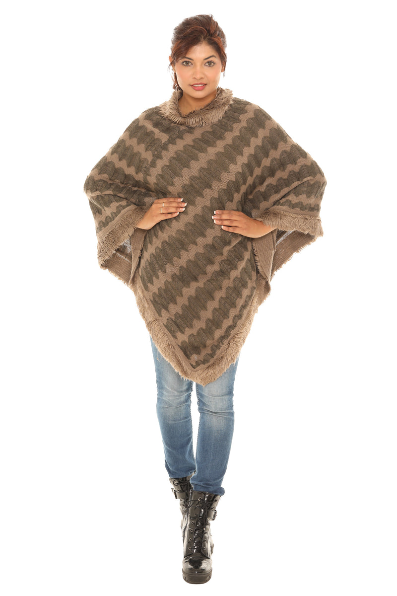 Zigzag Faux Fur-Trim Cowl Neck Poncho - Shoreline Wear, Inc.