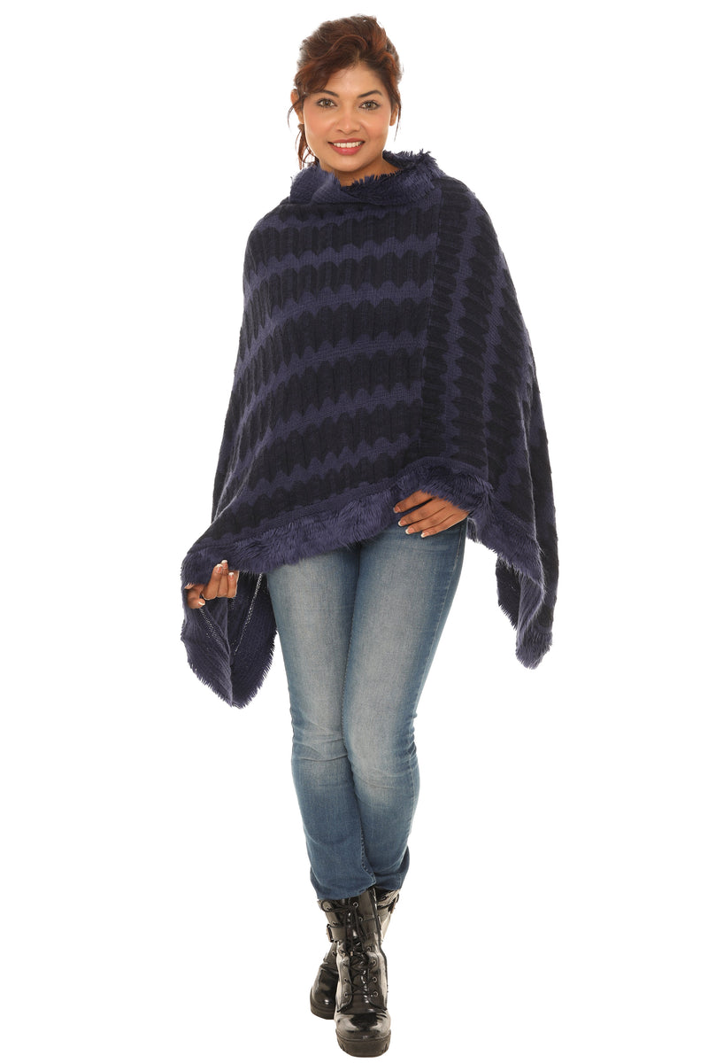 Zigzag Faux Fur-Trim Cowl Neck Poncho - Shoreline Wear, Inc.