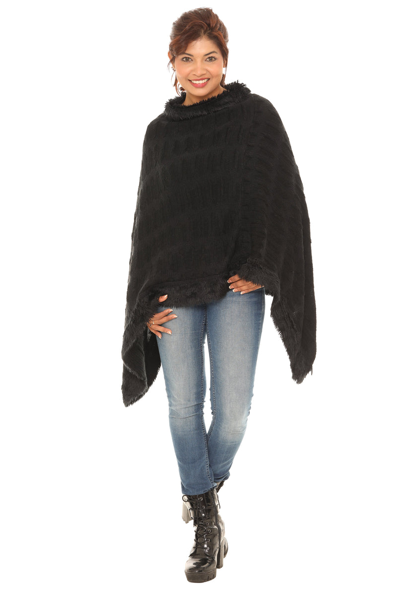 Zigzag Faux Fur-Trim Cowl Neck Poncho - Shoreline Wear, Inc.