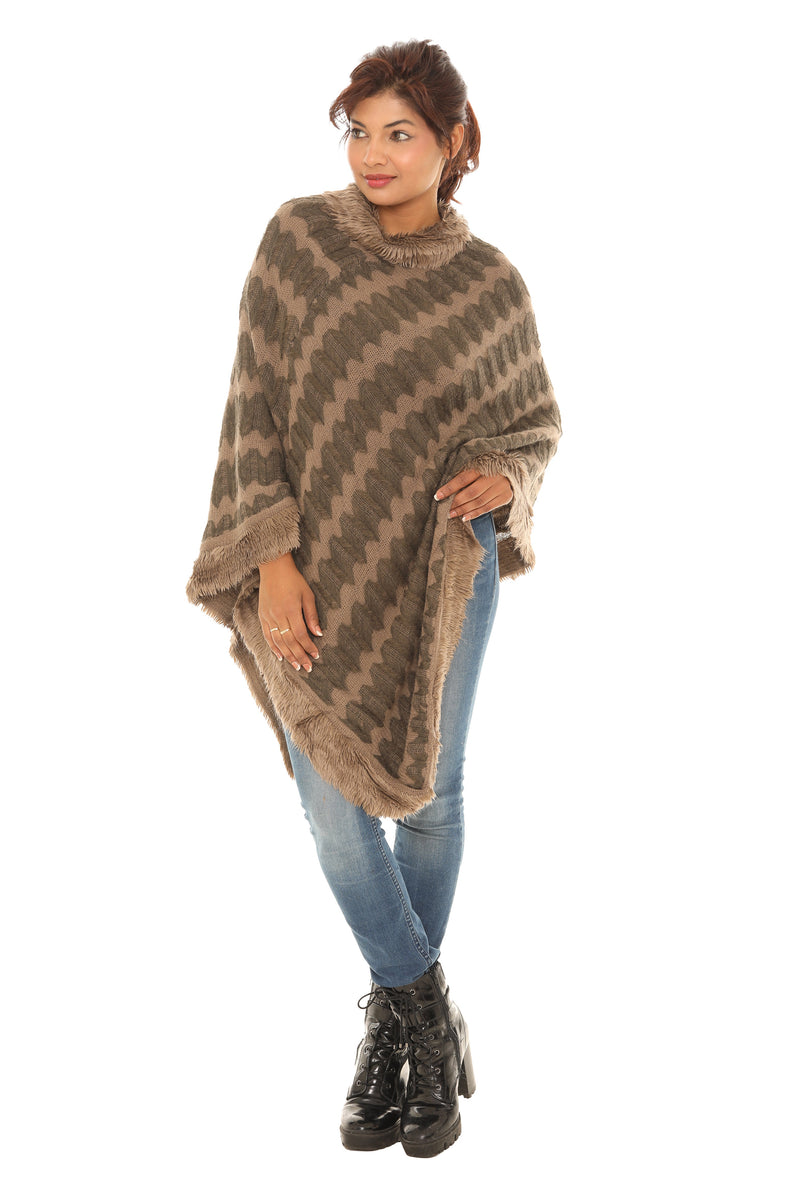 Zigzag Faux Fur-Trim Cowl Neck Poncho - Shoreline Wear, Inc.