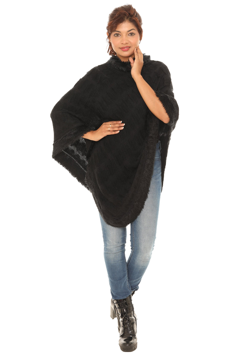 Zigzag Faux Fur-Trim Cowl Neck Poncho - Shoreline Wear, Inc.