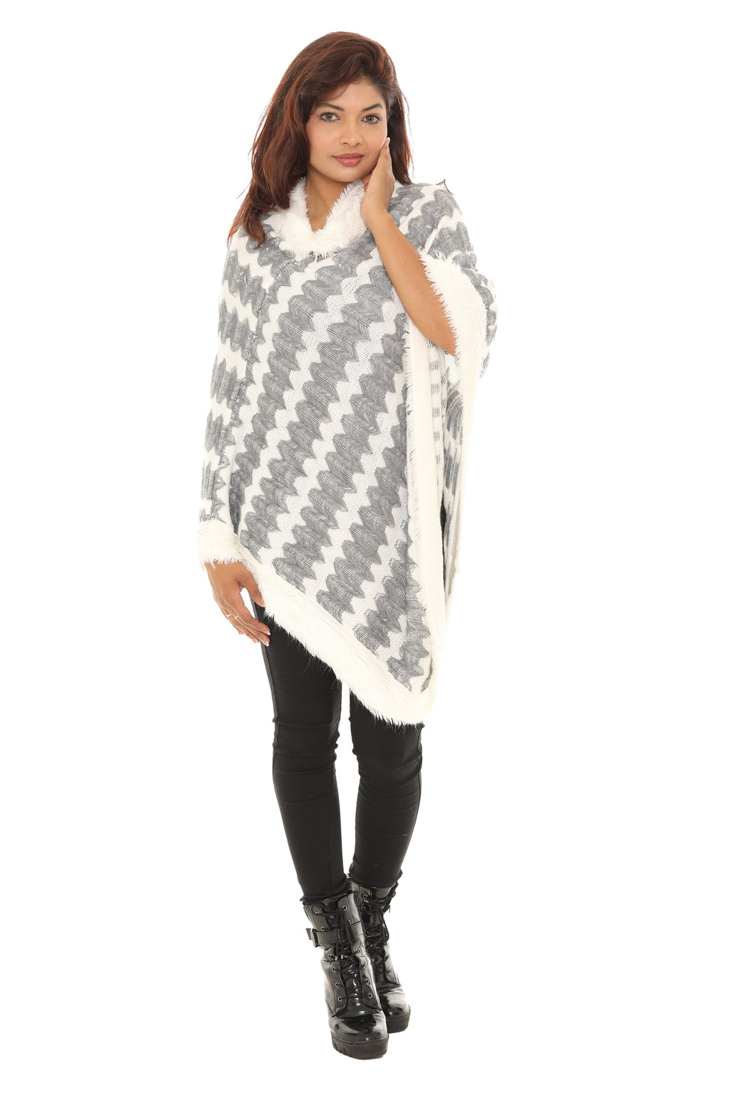 Zigzag Faux Fur-Trim Cowl Neck Poncho - Shoreline Wear, Inc.